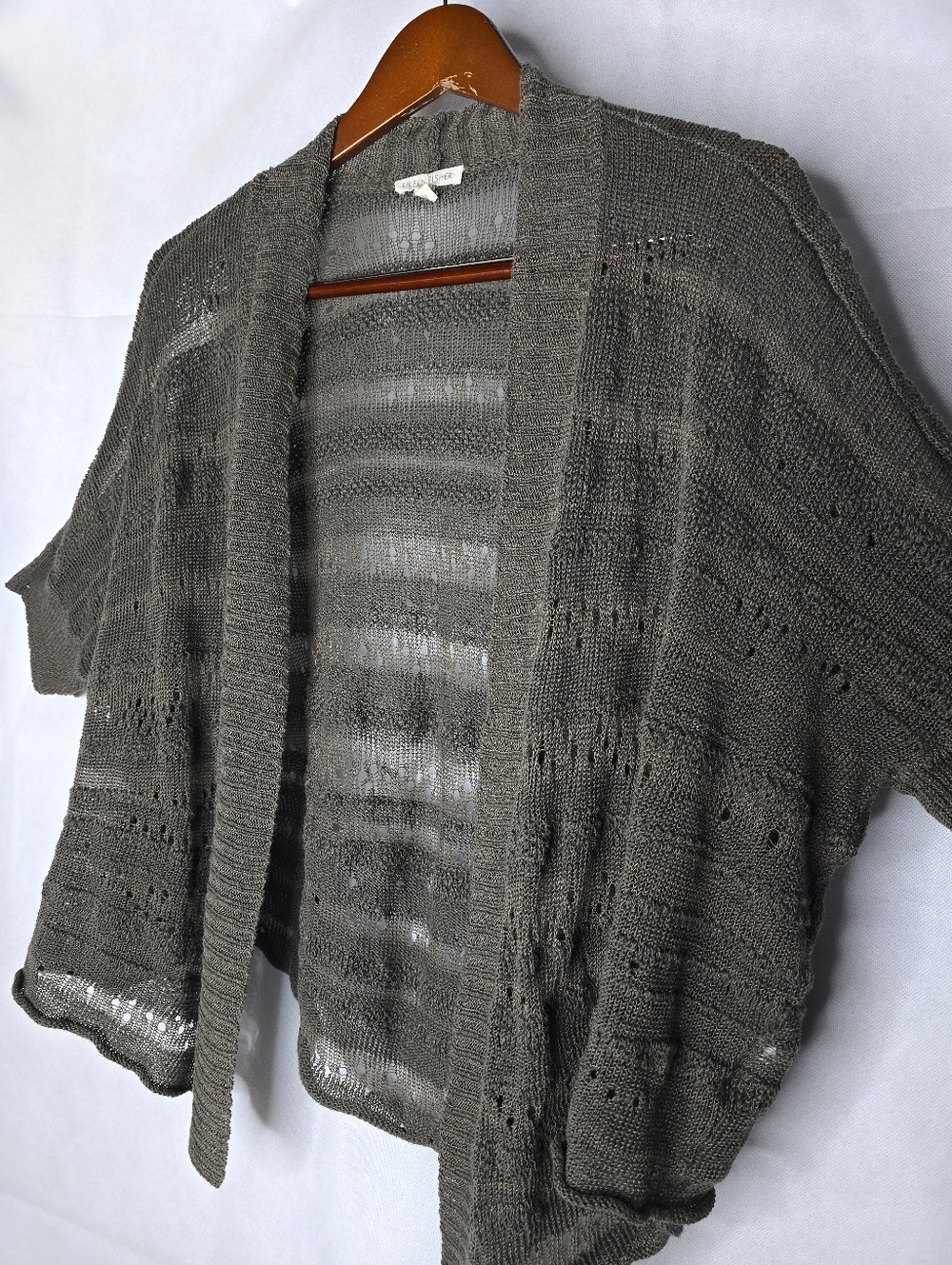 Eileen Fisher Linen Open Cardigan Olve Green Short Dolman Sleeves Sheer Knit XL